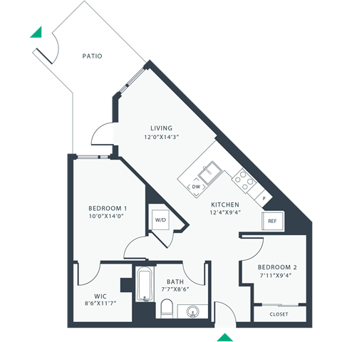 Floor plan for 2 beds, 1 bath, 817 sqft